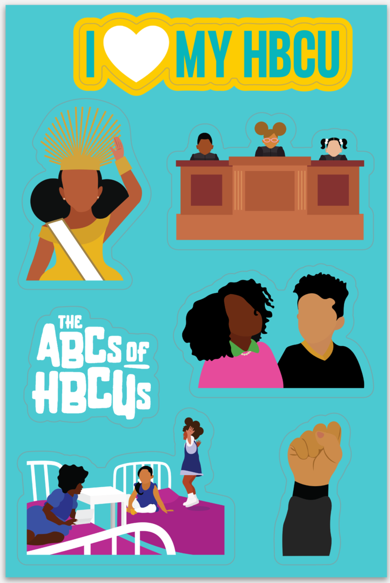Seven waterproof stickers include images of an HBCU campus queen, HBCU judges, Black power fist, college roommates, The ABCs of HBCUs logo, and I love my HBCU sticker